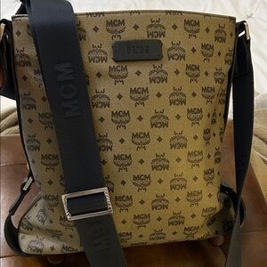 MCM Tan & Navy blue Logo Messenger Bag